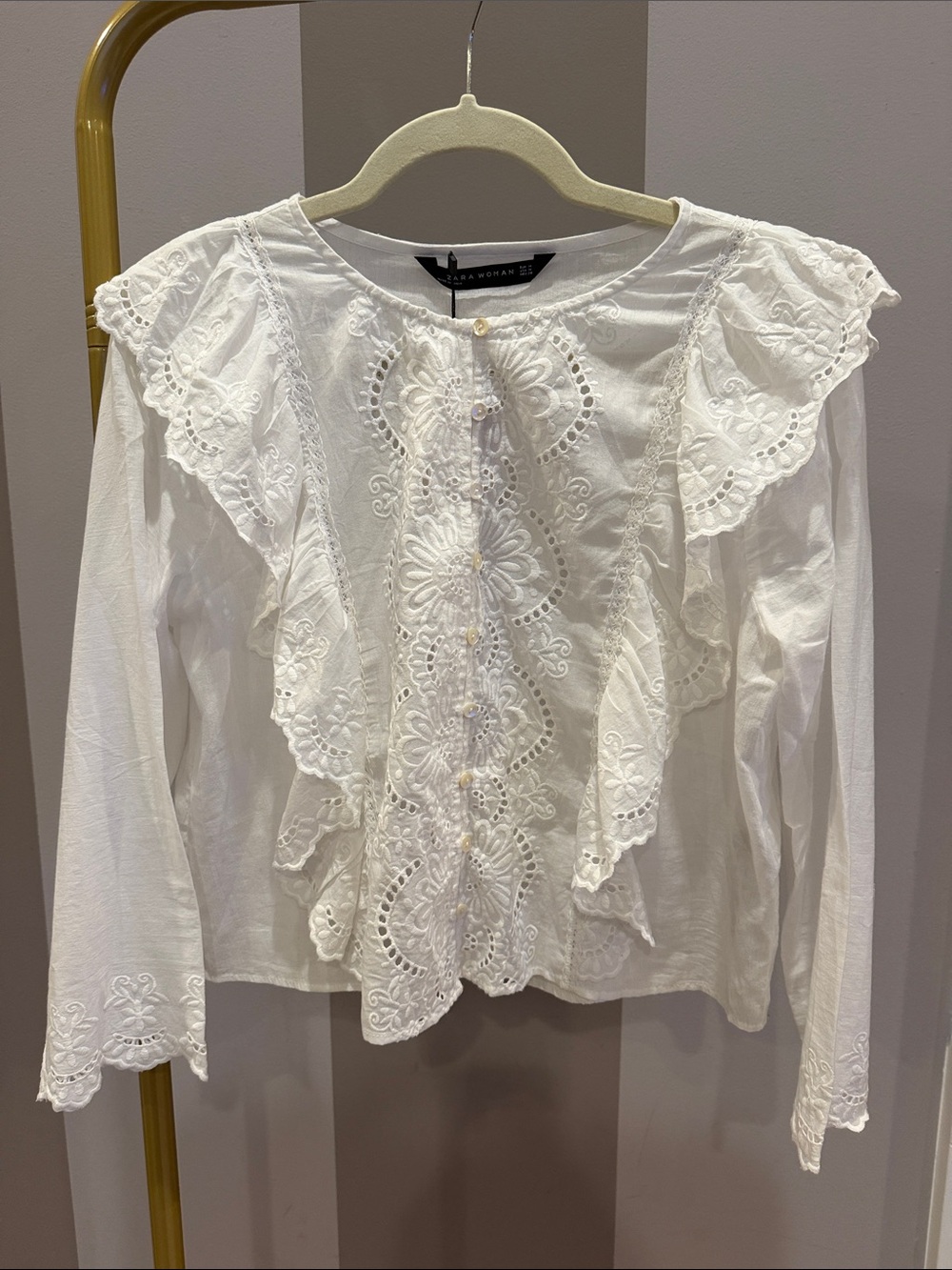 Zara White Eyelet Ruffle Button-Down Blouse